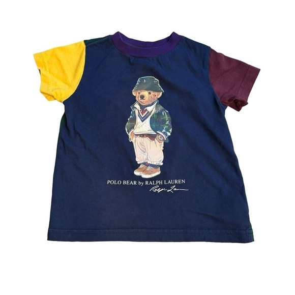 Polo Ralph Lauren Navy Multi Polo Bear Graphic Colorblock Ringer Shirt Toddler 2 - Picture 1 of 7